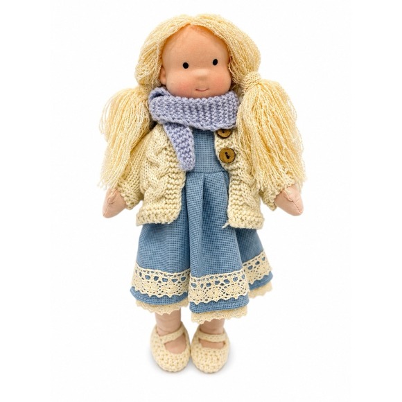 Handmade Other - 12" Handmade Rag Doll Blonde Pigtails Blue Dress Knit Sweater Plush Toy